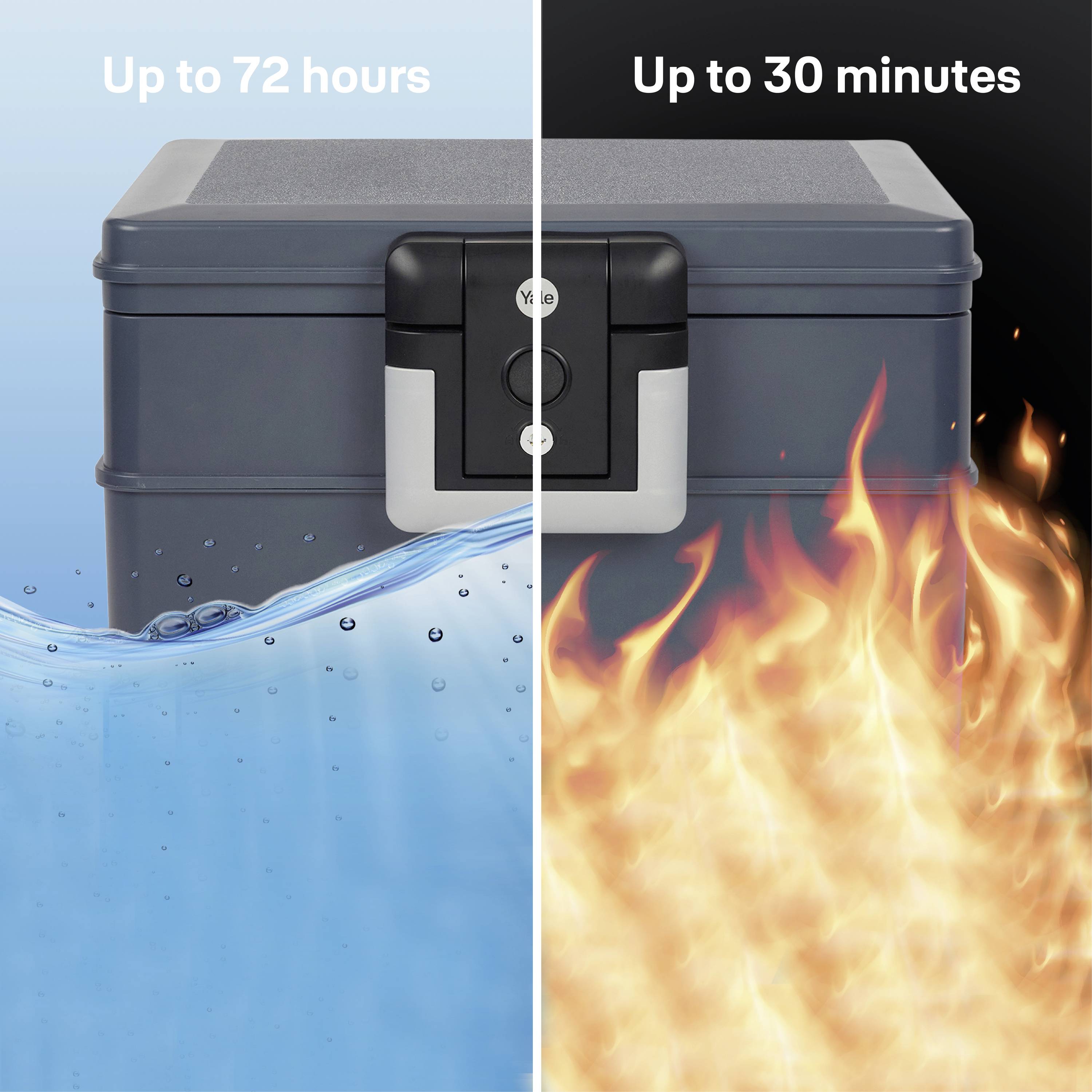 'Feuerfester und wasserdichter Tresor: links unter Wasser für bis zu 72 Stunden, rechts in Flammen für bis zu 30 Minuten.'