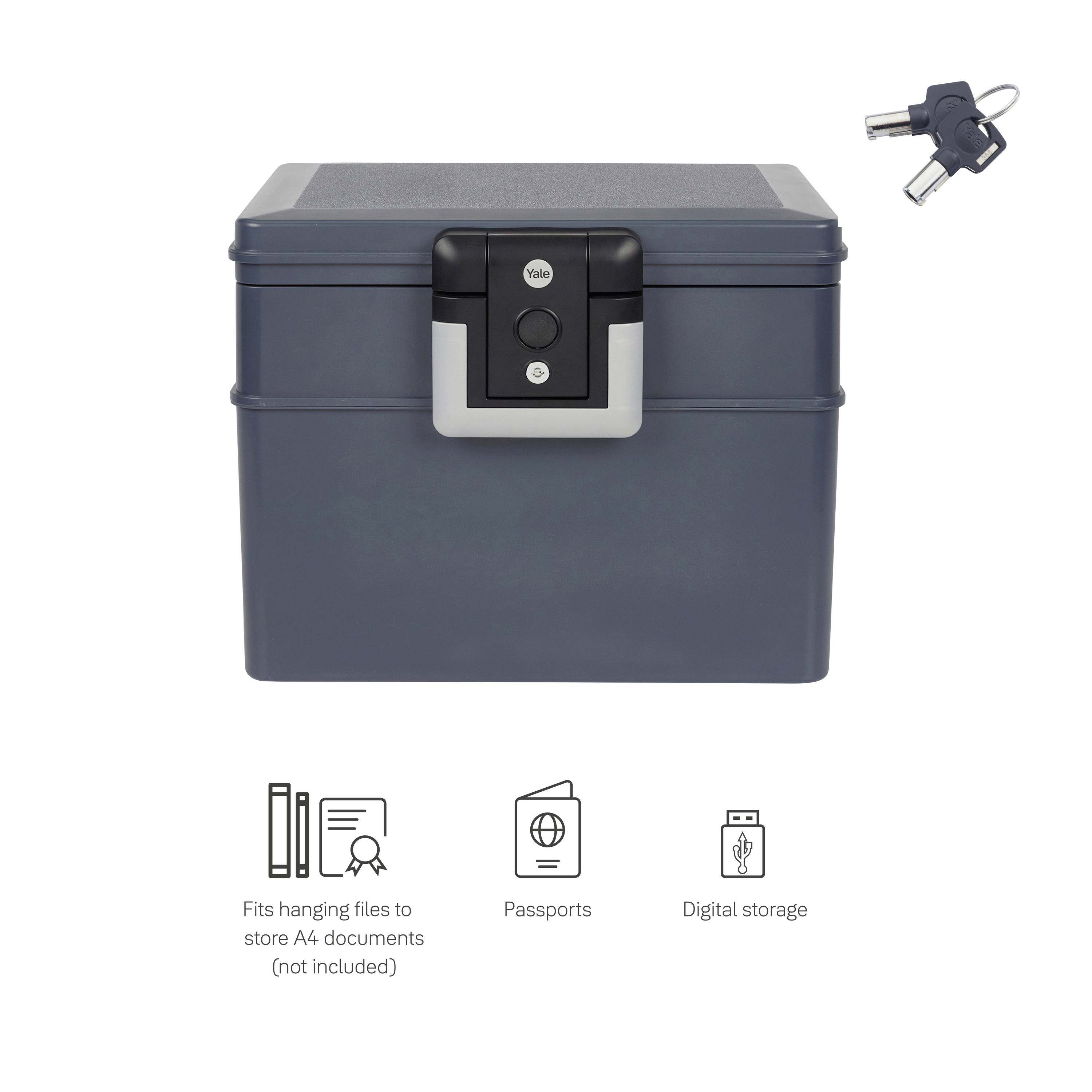 Eine graue feuerbeständige Sicherheitsbox mit Schloss und Schlüsselpaar, zur Aufbewahrung von Dokumenten, Pässen und digitalem Speicher.