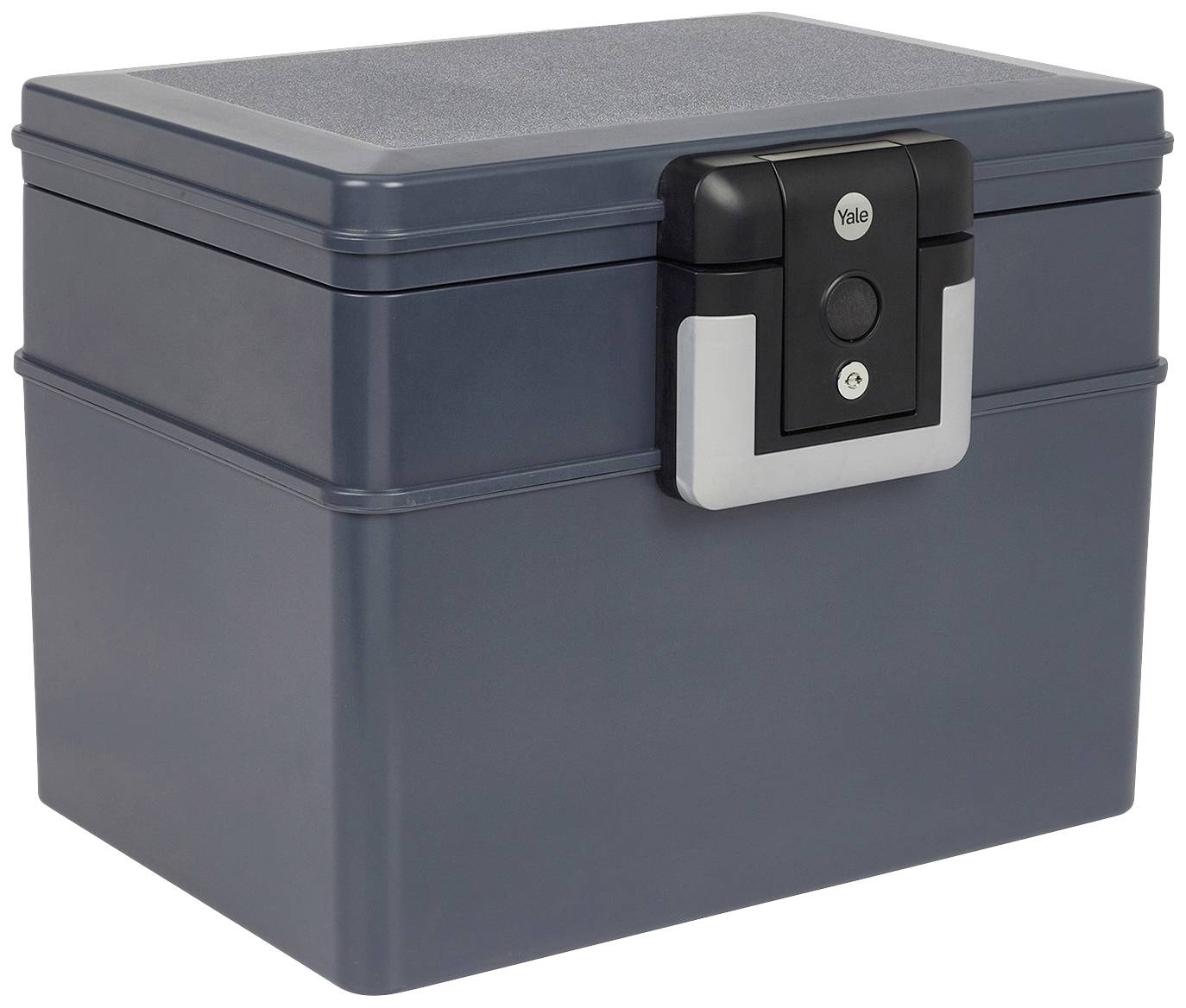 Eine graue Sicherheitsbox mit schwarzem Verschluss und silbernem Detail, geeignet zur sicheren Aufbewahrung von Wertsachen.