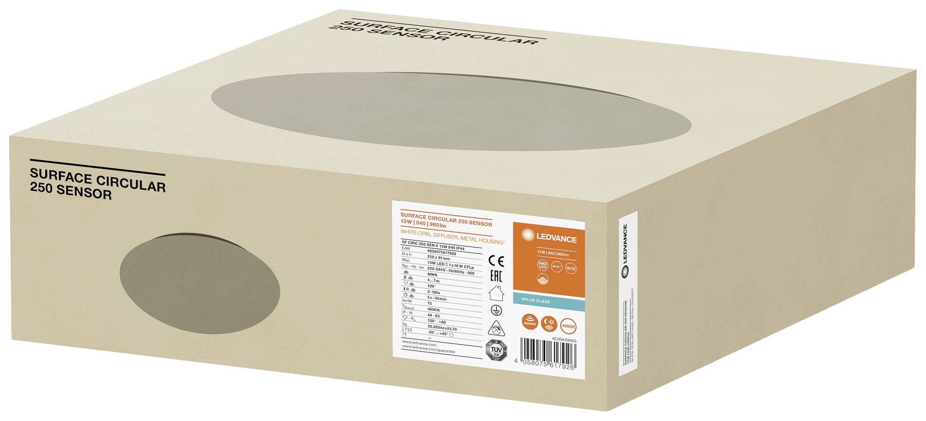 Eine beige Schachtel mit der Aufschrift 'Surface Circular 250 Sensor'. Der Karton zeigt technische Details und Symbole von OSRAM LEDVANCE.
