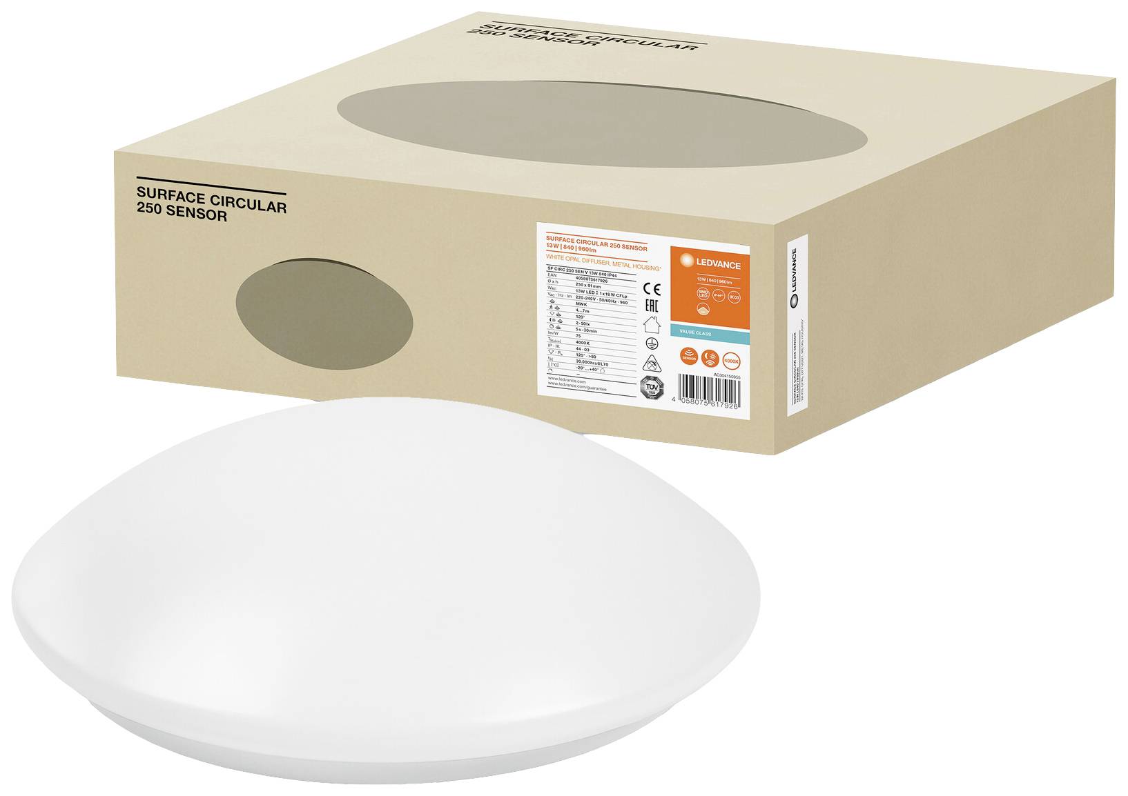 Eine runde, weiße Sensorleuchte liegt vor einer braunen Verpackungsschachtel. Die Schachtel zeigt das Produktetikett und technische Details.