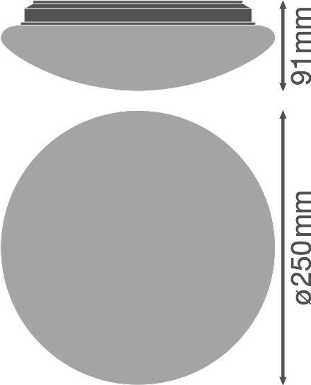 Querschnitt und Draufsicht einer runden Deckenlampe. Höhe: 91mm, Durchmesser: 250mm.