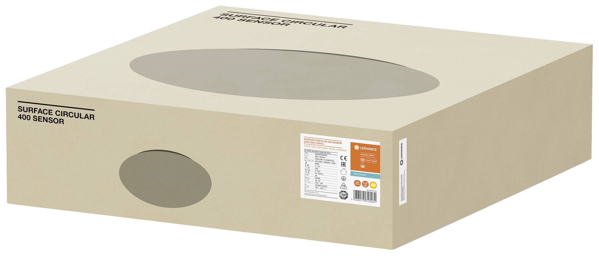 Beige Verpackung mit Aufschrift 'SURFACE CIRCULAR 400 SENSOR'. Enthält Produktdetails und Spezifikationen auf der Seite.
