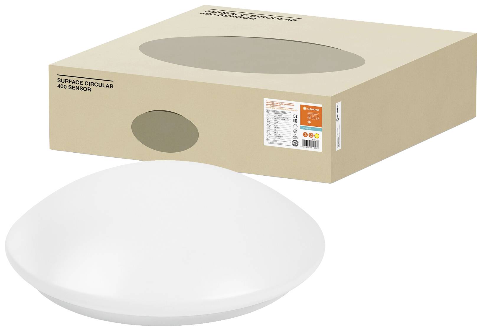 Runde weiße Deckenleuchte mit Bewegungssensor, verpackt in einer beigefarbenen Schachtel mit Aufschrift 'Surface Circular 400 Sensor'.