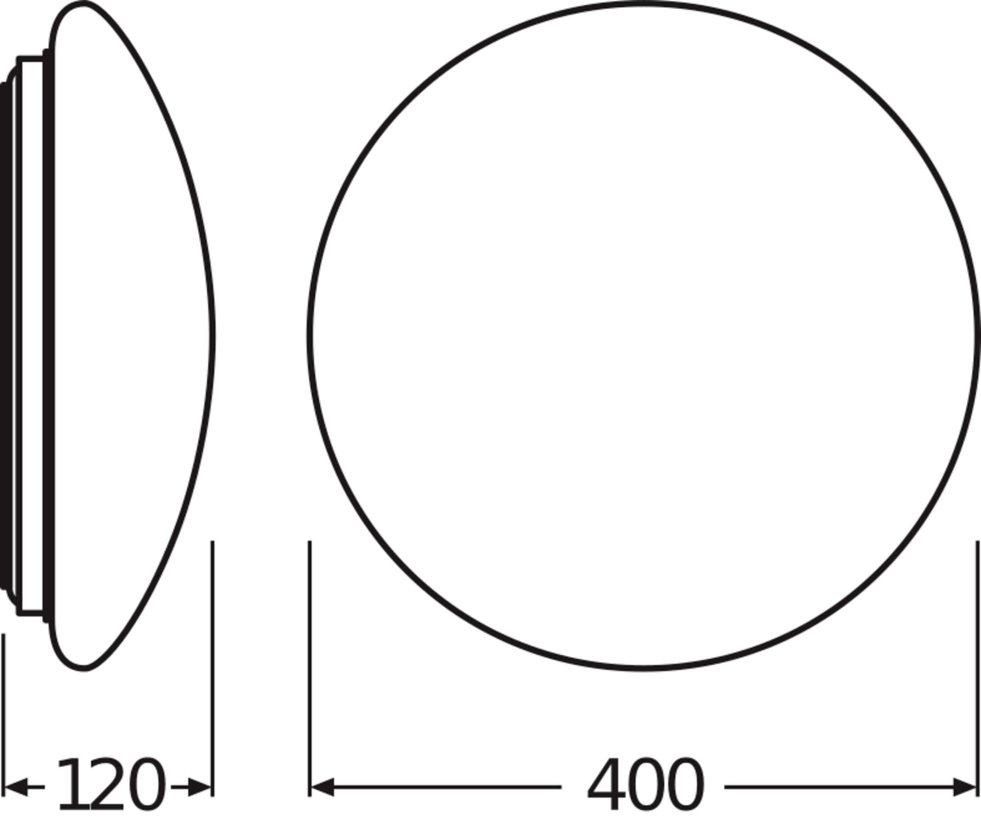 Diagramm einer ovalen Form mit Maßen: Seitliche Breite 120 mm, horizontale Länge 400 mm.