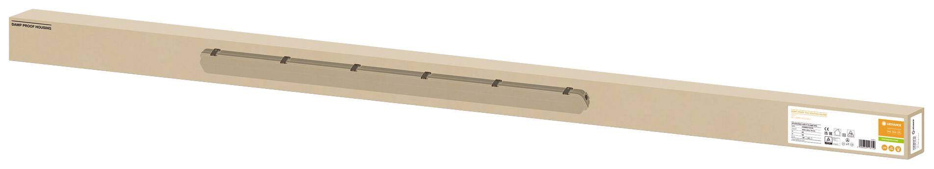 Langer, brauner Versandkarton mit Etikett an der Seite. Etikett enthält Produktinformationen und verschiedene Symbole.