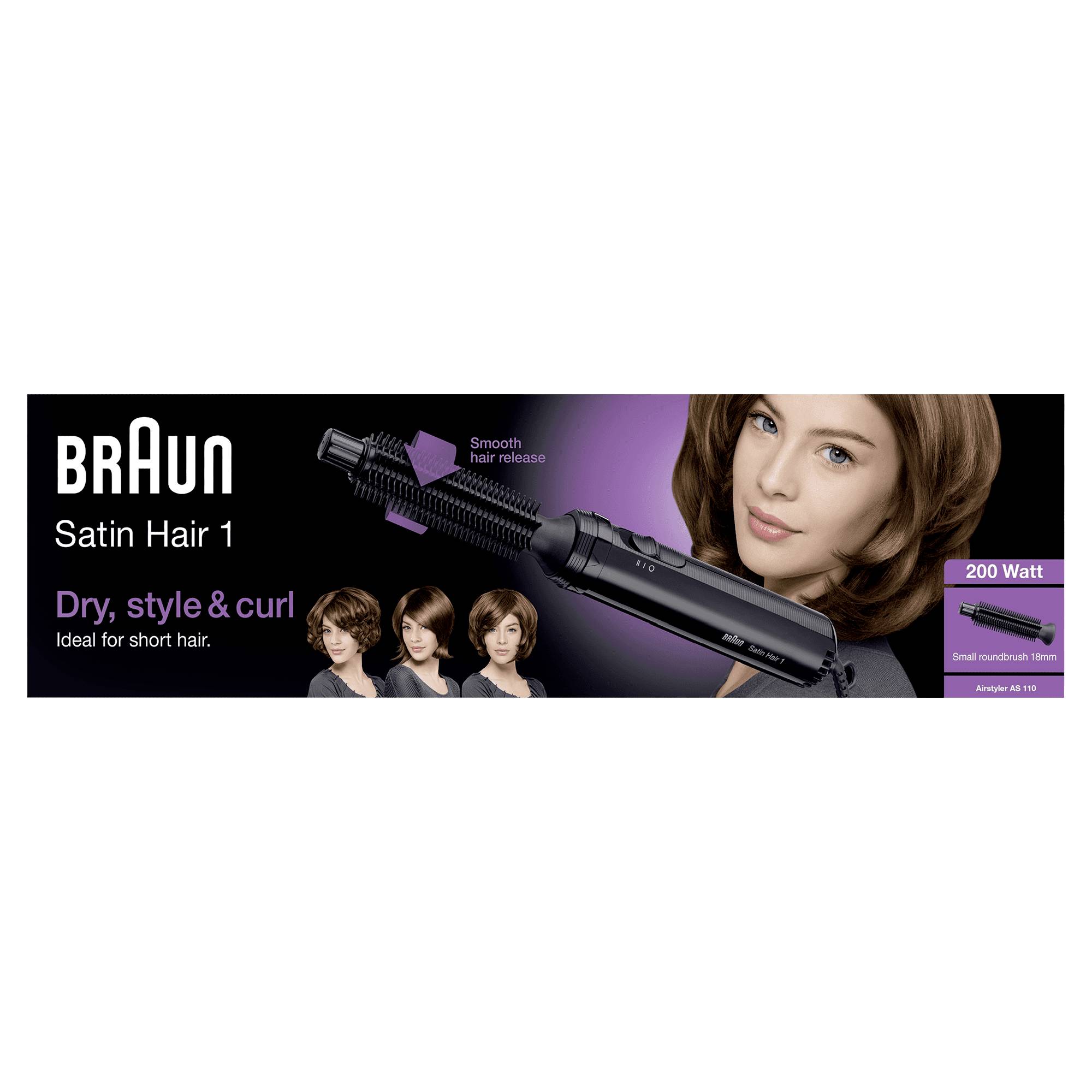 'Werbung für Braun Satin Hair 1: Lockenstab für kurzes Haar, glatt, 200 Watt. Drei Modellansichten mit unterschiedlichen Frisuren.'