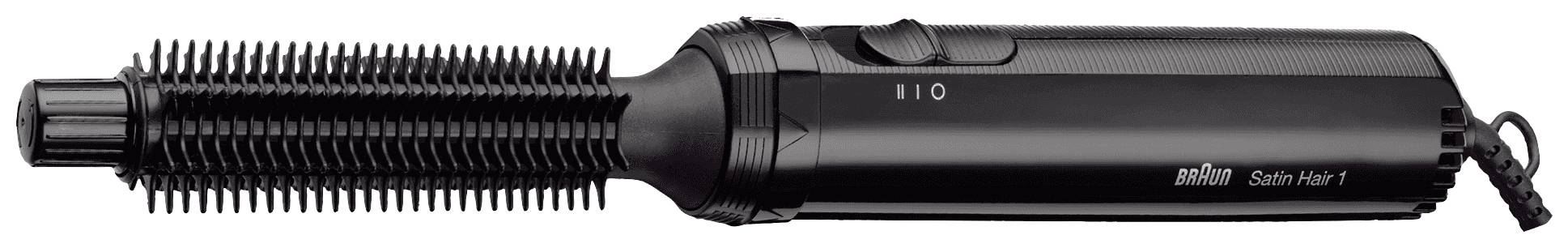 Schwarze elektrische Warmluftbürste mit runden Borsten, Kippschalter und Markierung '10'. Geeignet zum Formen und Trocknen von Haaren.