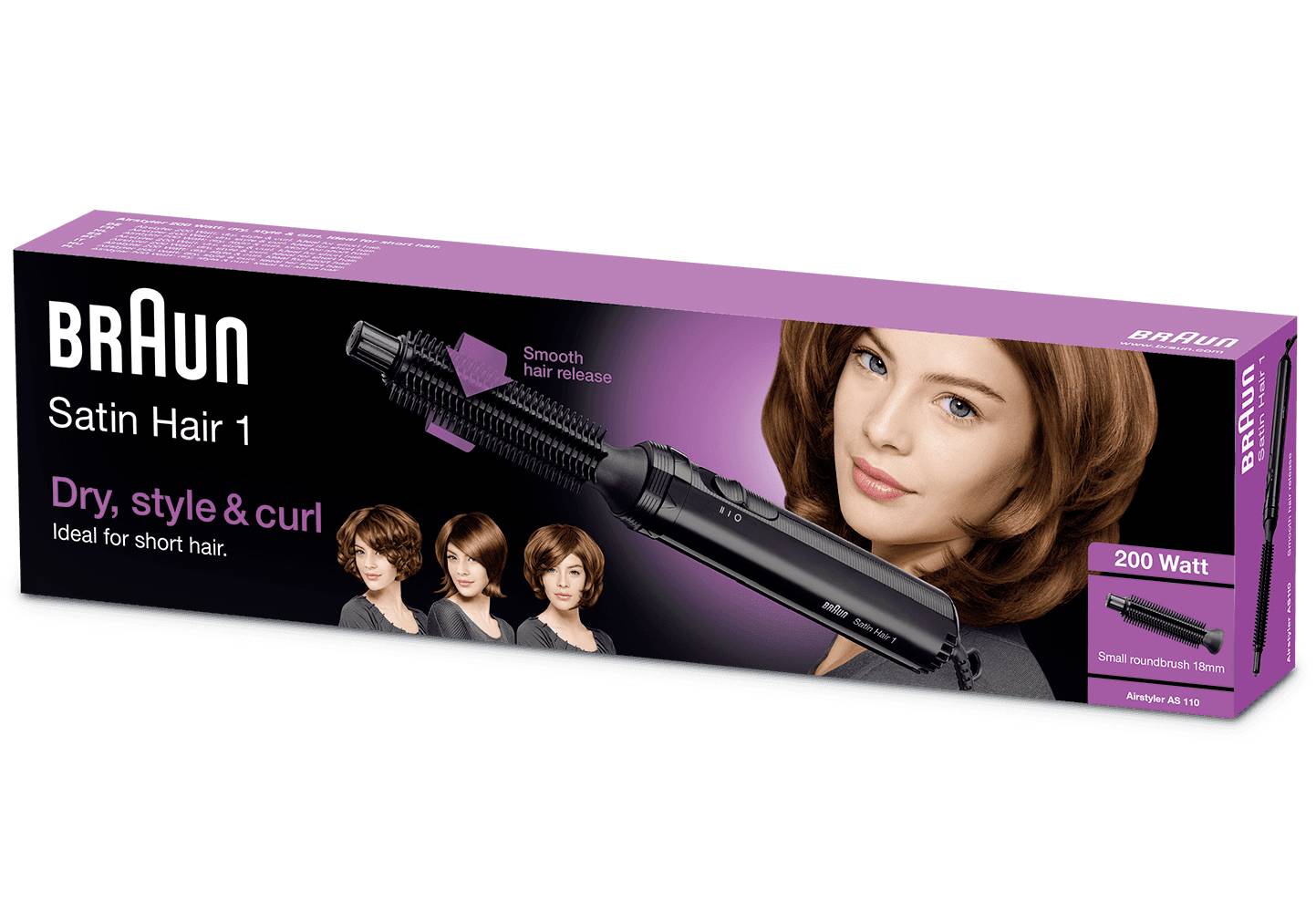 Das Bild zeigt die Verpackung eines Braun Satin Hair 1 Stylers. Es ist ideal zum Föhnen, Stylen und Locken und geeignet für kurzes Haar.