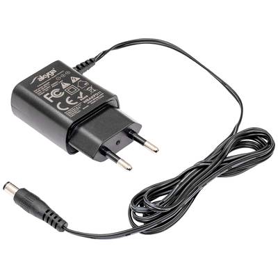 Schwarzes Ladegerät mit Stecker und langem Kabel. Auf dem Netzteil sind technische Daten und Zertifizierungszeichen aufgedruckt.