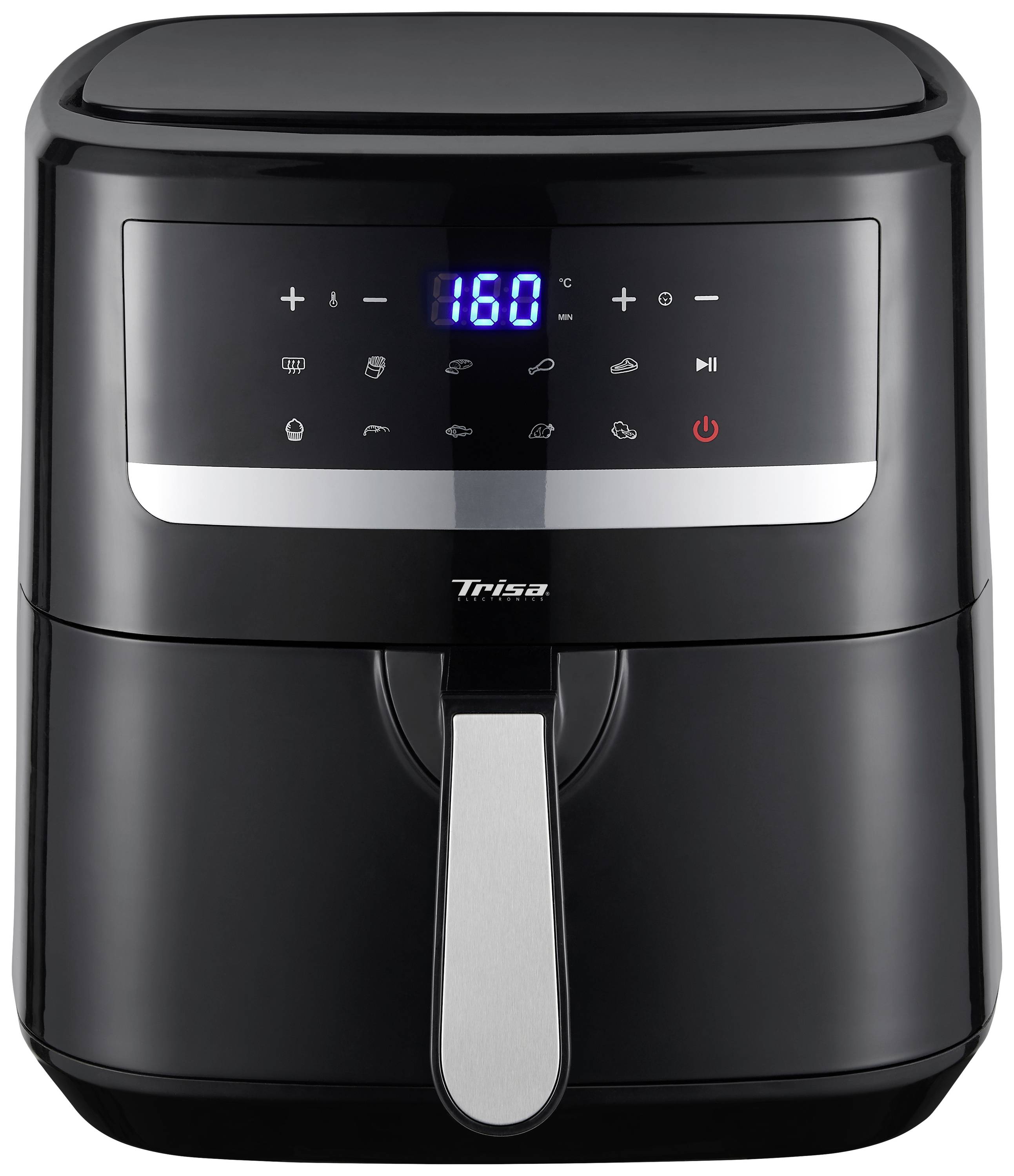 Schwarze Heißluftfritteuse mit digitalem Display, Temperaturanzeige bei 160 Grad, verschiedenen Funktionssymbolen und silbernem Griff.