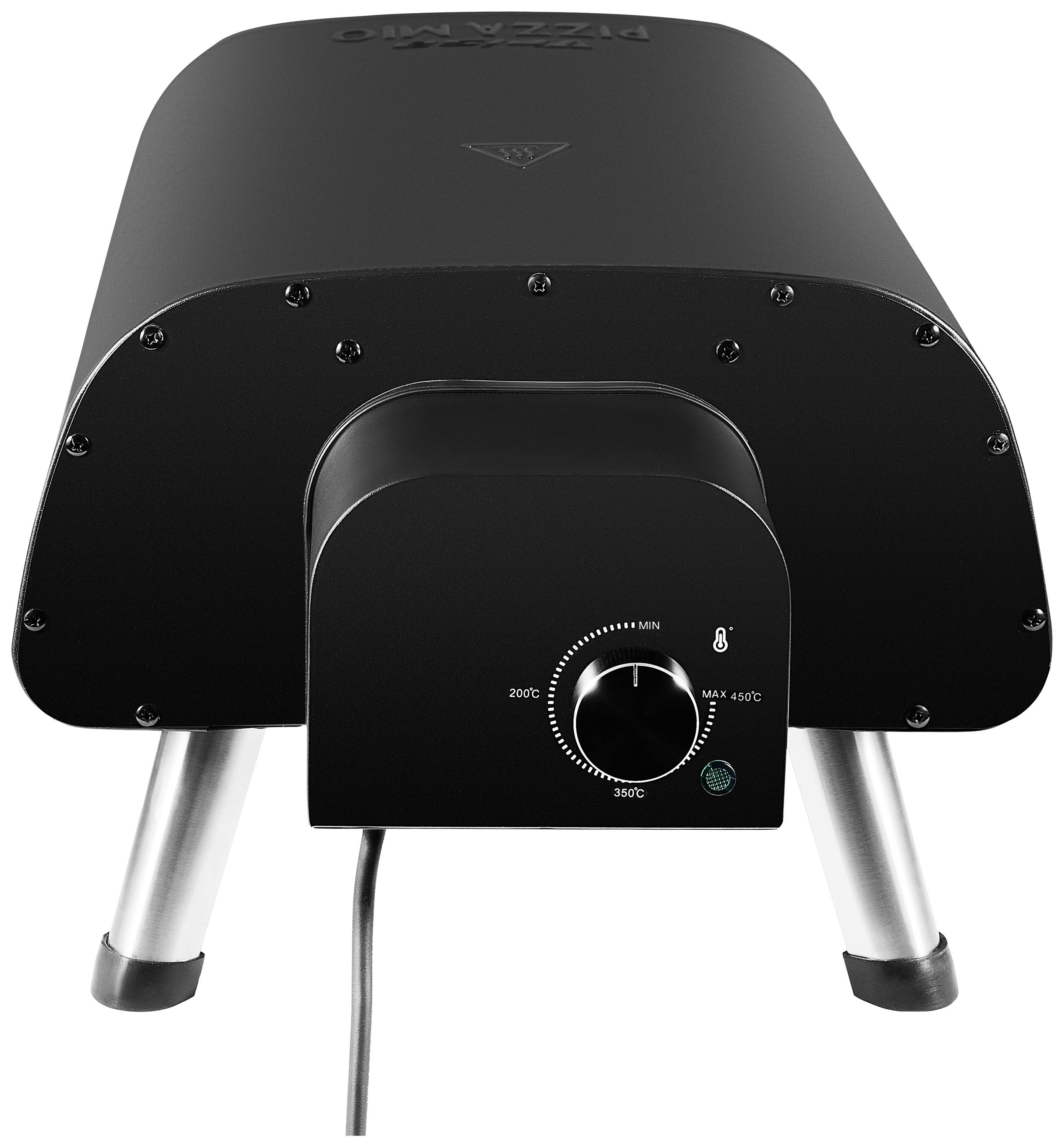 Schwarzer Pizzaofen mit Temperaturregler auf maximal 350°C. Steht auf vier Metallbeinen. Kabel angeschlossen. Ideal für Pizzazubereitung.