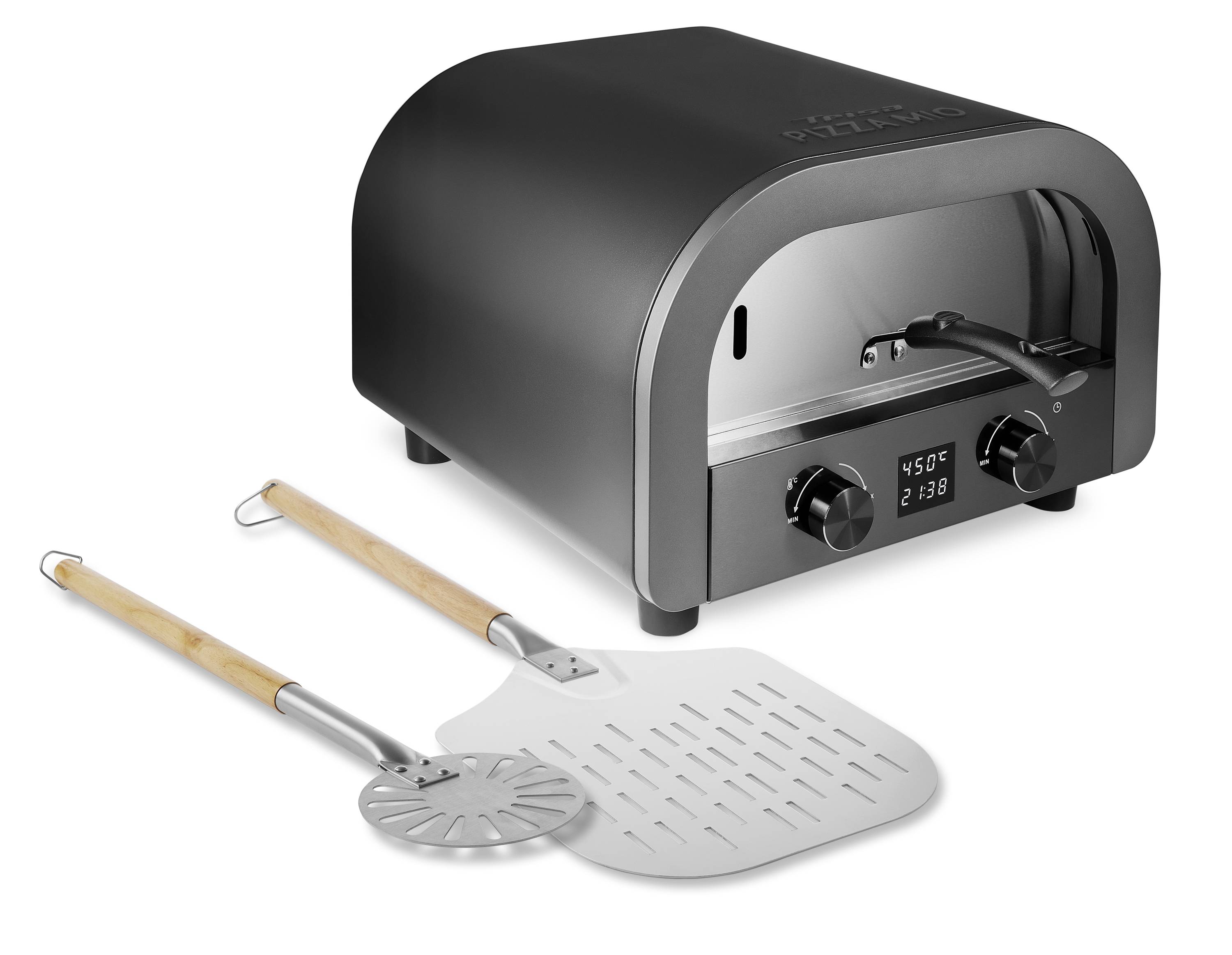 Ein schwarzer Ofen mit zwei Knöpfen auf der Vorderseite zeigt '450°C' und '2:30'. Daneben liegen zwei Pizzaheber aus Metall mit Holzgriff.
