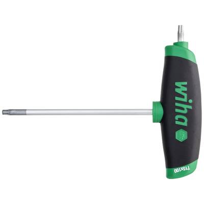 T-Griff Torx-Schraubendreher mit grünem Griff, Text 'Wiha', lange Stange und Torx-Spitze, zur Anwendung bei maschinellen Wartungsarbeiten.