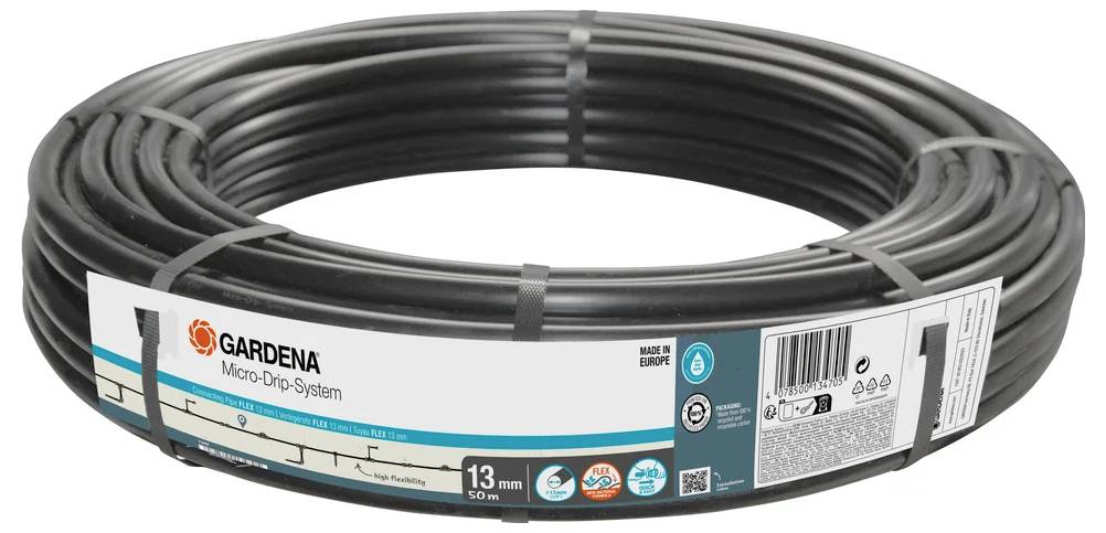 'Gardena Micro-Drip-System' Schlauch mit 13 mm Durchmesser, 50 m lang, für Tropfbewässerung, mit Etikett mit Produktdetails umwickelt.