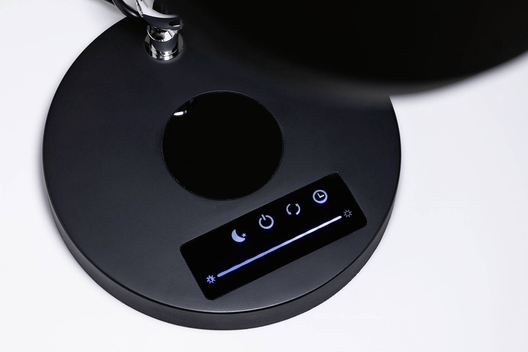 Schwarze Tischlampe mit Touch-Bedienfeld: Mondsymbol für Nachtmodus, Ein/Aus-Schalter, Helligkeitssteuerung.