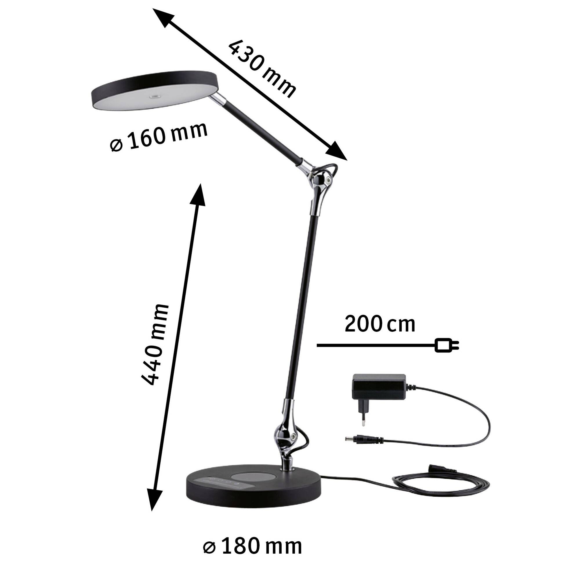 Schreibtischlampe mit runder Basis (Durchmesser 180 mm), verstellbarem Arm (440 mm) und Kopf (Durchmesser 160 mm). Stromkabel 200 cm lang.
