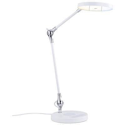 Weiße moderne Tischlampe mit verstellbarem Arm und rundem Leuchtkopf auf stabilem Standfuß. Ideal für Schreibtische.