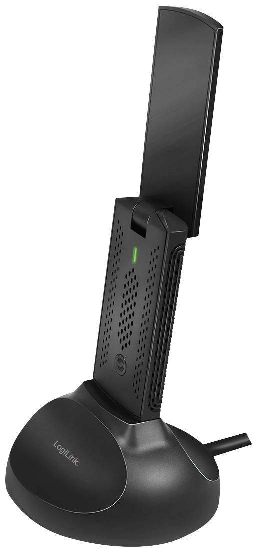Ein USB-WLAN-Adapter von LogiLink in einer Ladestation. Der Adapter hat eine schwarze Antenne und eine grüne LED-Anzeige.