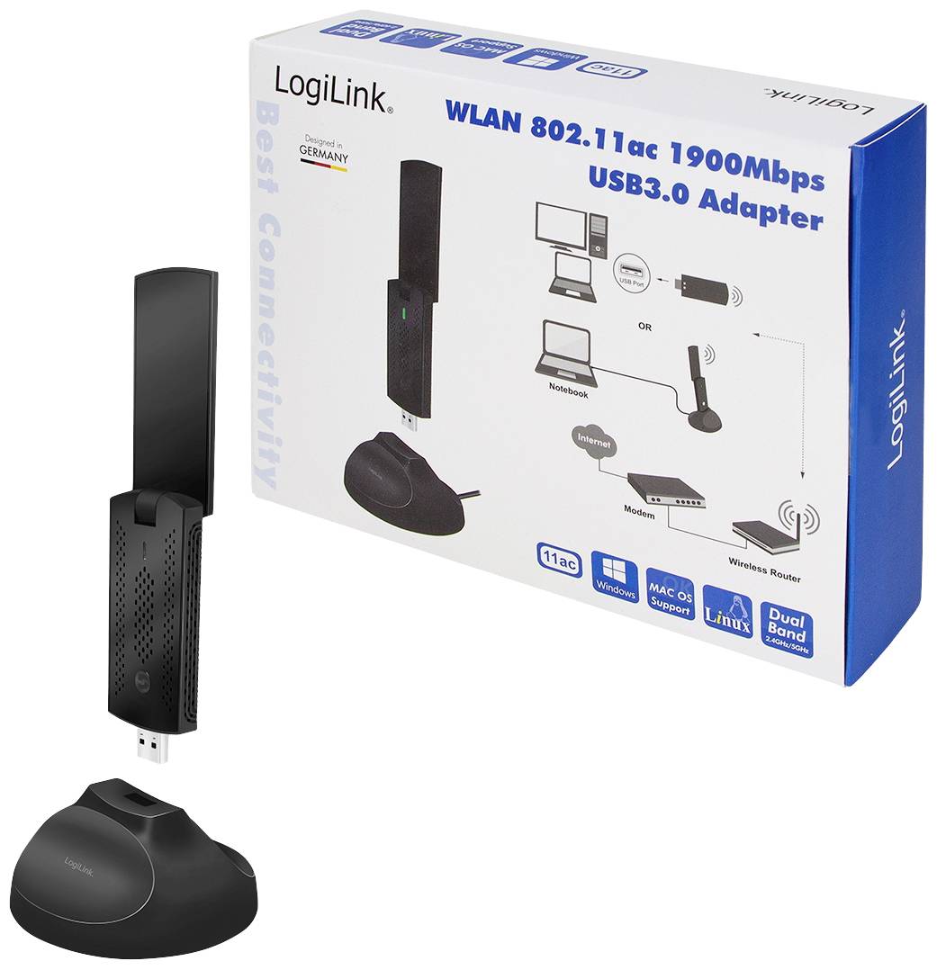USB-WLAN-Adapter mit USB 3.0-Anschluss, WLAN 802.11ac-Unterstützung, bis zu 1900 Mbit/s Geschwindigkeit, auf schwarzem Standfuß. Verpackung zeigt Verbindungsoptionen mit PC und Router.
