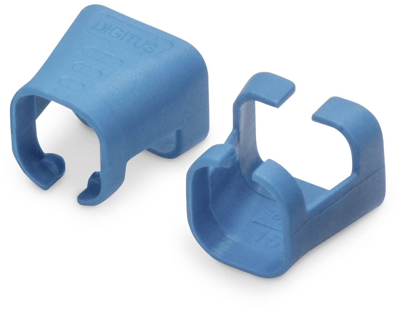 Zwei blaue Kunststoffklemmen, eine rechts, eine links auf hellem Hintergrund. Sie sind leicht geöffnet und dienen zur Kabelbefestigung.