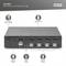 'DS-12891 KVM Switch' mit vier DisplayPort-Anschlüssen, USB 2.0 Typ A und B, Audioanschluss und Stromversorgung für effizientes Umschalten.