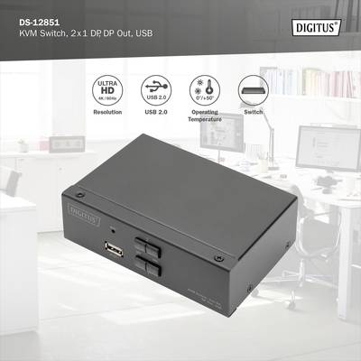 'KVM Switch' mit zwei Display-Ports und USB 2.0. Unterstützt 4K/60Hz-Auflösung, hat zwei Buttons und Symbole, die die Funktionen darstellen.