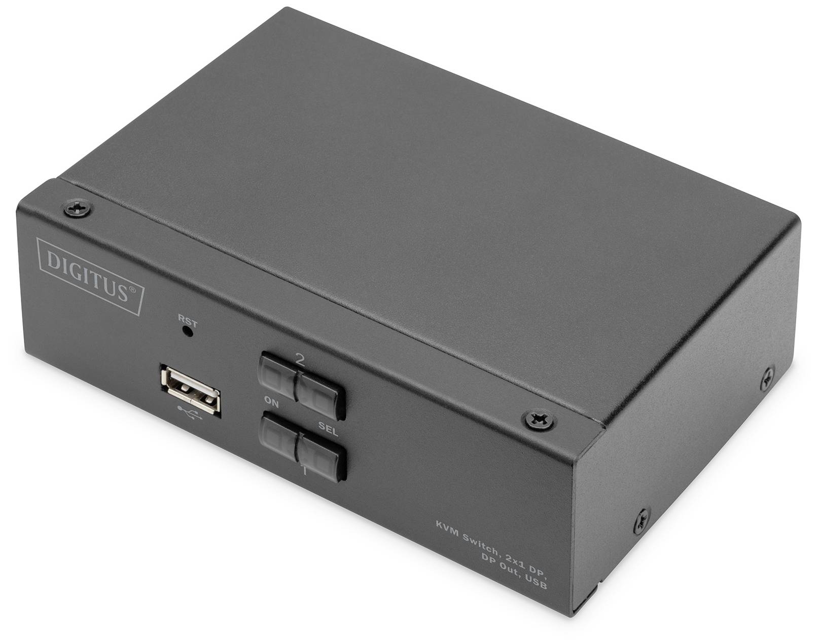 Ein schwarzer KVM-Switch mit einem USB-Anschluss und zwei Bedienknöpfen auf der Vorderseite, geeignet für den Anschluss mehrerer Computer an ein Display.