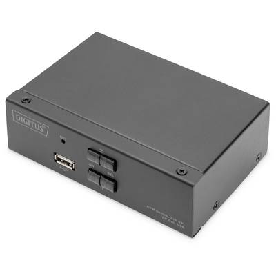 Ein schwarzer KVM-Switch mit einem USB-Anschluss und zwei Bedienknöpfen auf der Vorderseite, geeignet für den Anschluss mehrerer Computer an ein Display.