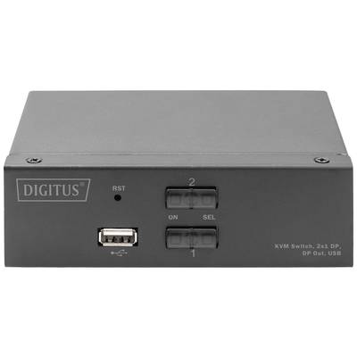 Ein schwarzer KVM-Switch mit zwei Tasten und einem USB-Anschluss vorne, Marke 'Digitus'.