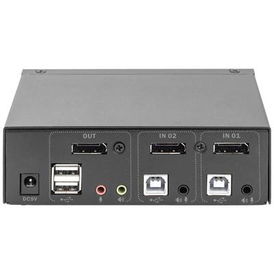 Schwarze elektronische Box mit mehreren Anschlüssen, darunter USB, Audio In/Out und Netzteilanschluss.