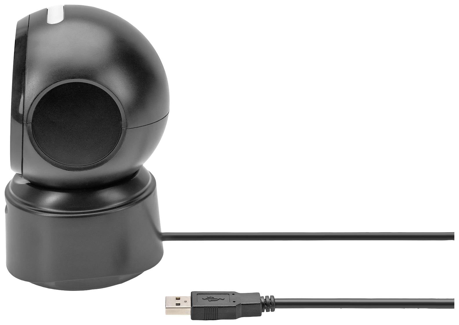 Eine schwarze Webcam mit USB-Anschluss, auf einer Basis montiert.