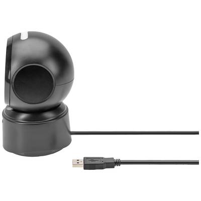 Eine schwarze Webcam mit USB-Anschluss, auf einer Basis montiert.