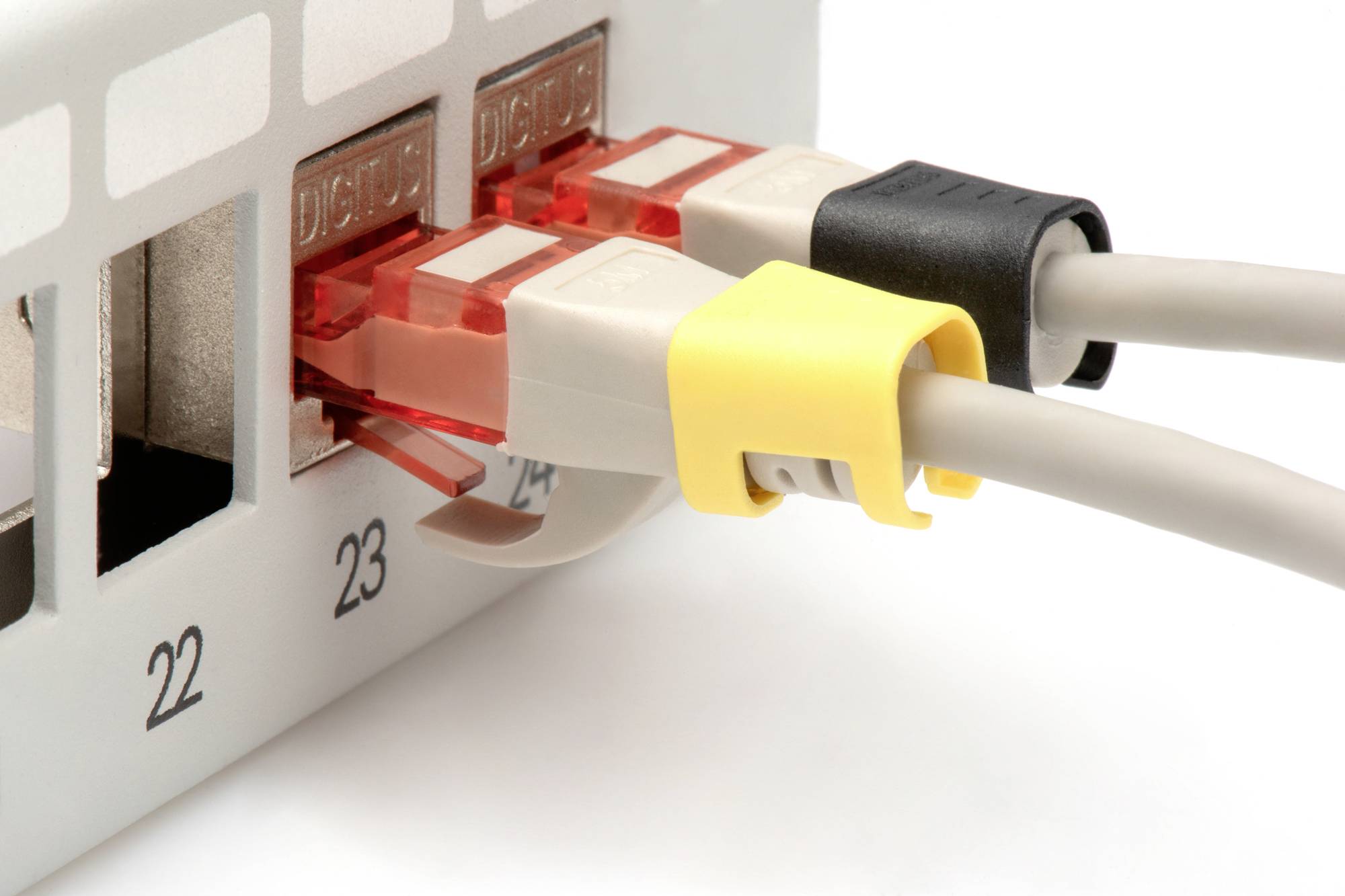 Nahaufnahme von zwei Netzwerkkabeln mit roten Steckverbindungen, eingesteckt in Port 23 und 24 an einem Netzwerk-Switch.