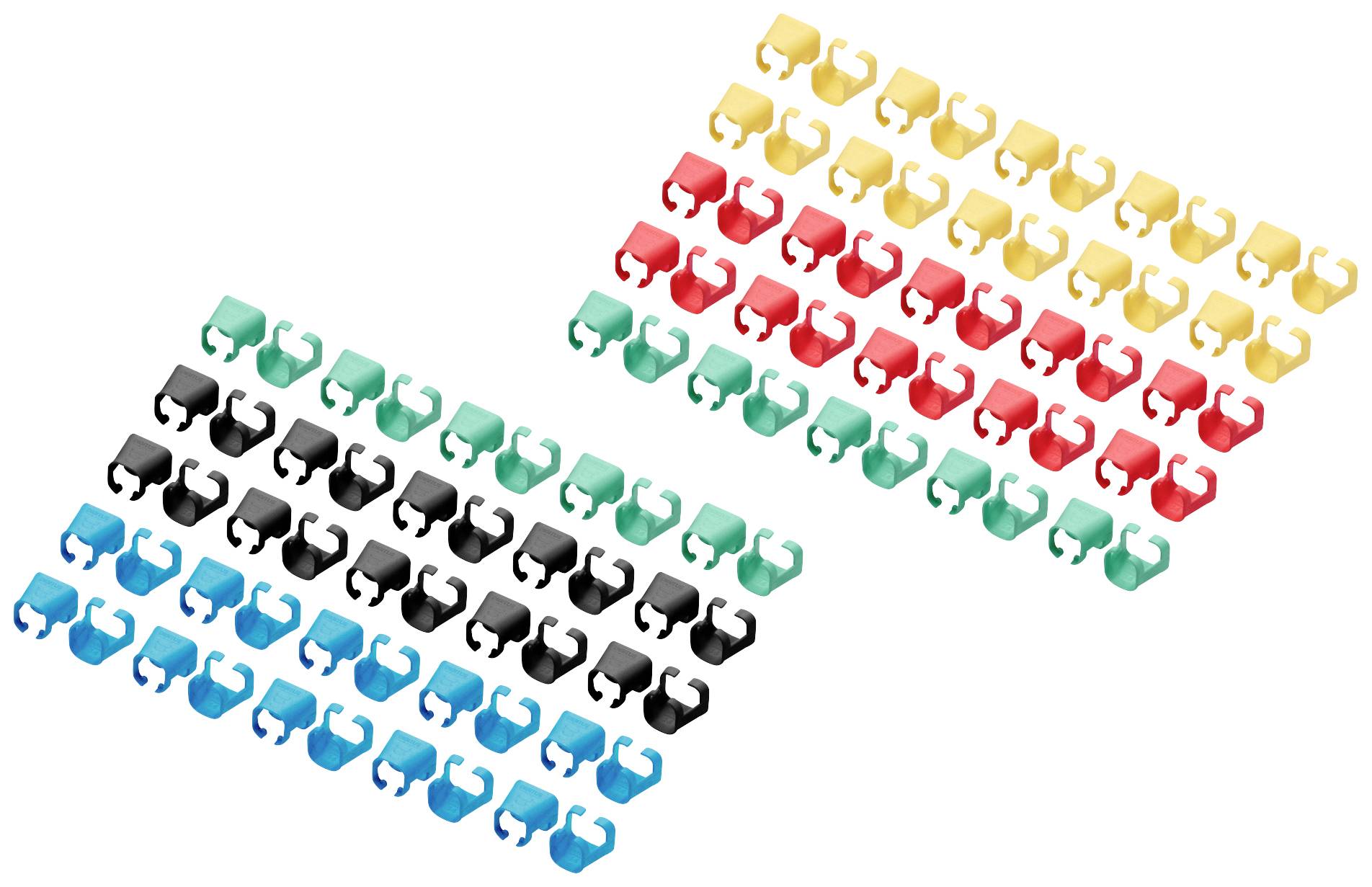 Bunte Reihe von kleinen Kunststoff-Clips in verschiedenen Farben: Gelb, Rot, Schwarz, Grün, Blau. Ordentlich in Reihen angeordnet.