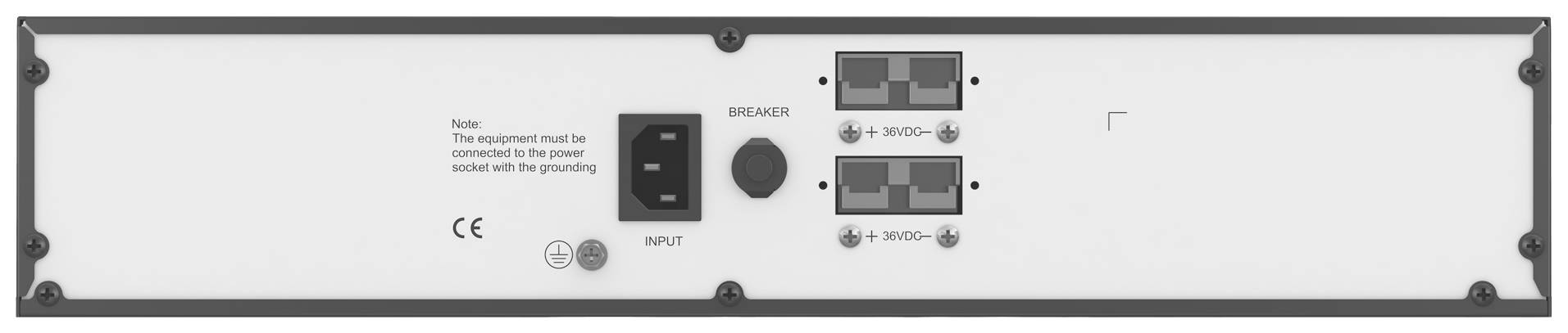 Rückseite eines elektronischen Geräts mit Stromanschluss, zwei PoE-Anschlussfeldern und einem Schalter. CE-Kennzeichnung sichtbar.