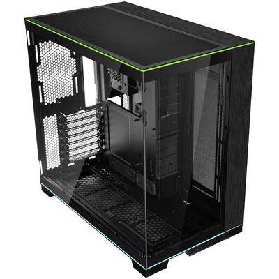 Schwarzes PC-Gehäuse mit transparenten Seitenwänden, zeigt leeren Innenraum mit Platz für Komponenten, sechs PCIe-Slots und Netzteilbereich.