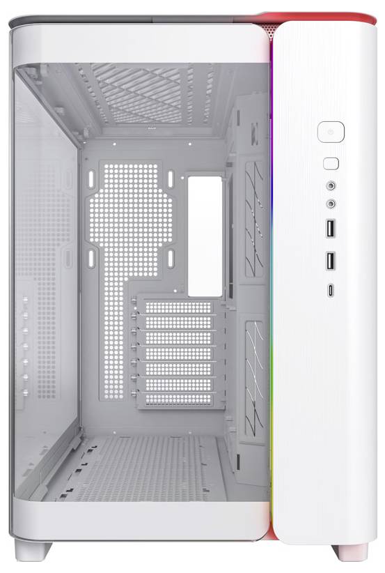 Ein weißes Computergehäuse mit transparentem Seitenteil und mehreren Erweiterungssteckplätzen. Vorderseite mit USB-Anschlüssen und Einschaltknopf.