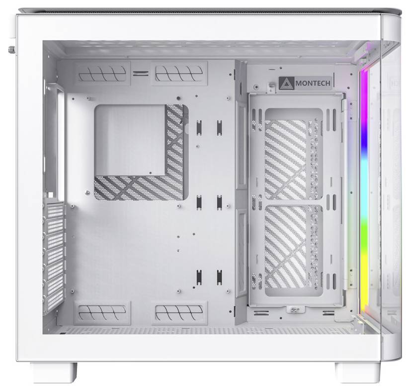 Weißes PC-Gehäuse mit durchsichtiger Seitenwand, RGB-Lichtleiste rechts und mehreren Lüftungsschlitzen für Kühlung.