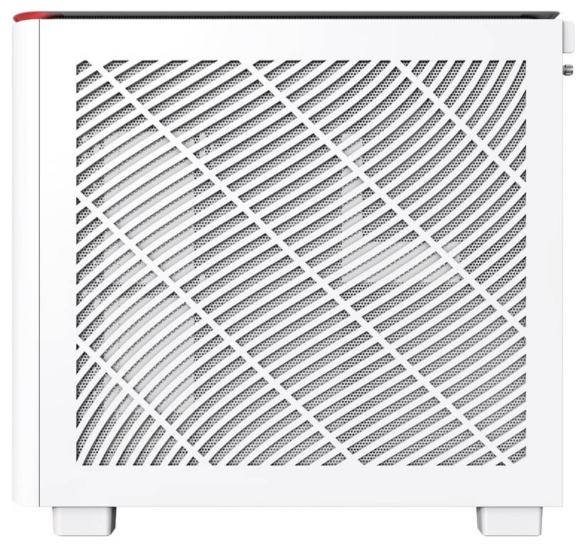 Ein weißes Computergehäuse mit diagonalen Lüftungsschlitzen an der Seite; kompakt gestaltet, geeignet für Heim-PCs.