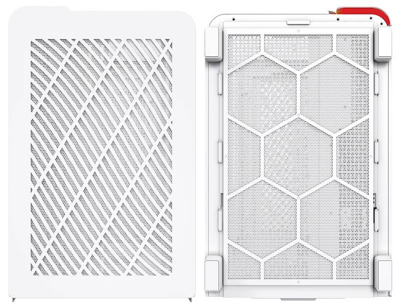 Luftreiniger mit abgenommener Abdeckung zeigt ein diagonales und sechseckiges Metallgitter zur Filterung von Partikeln aus der Luft.