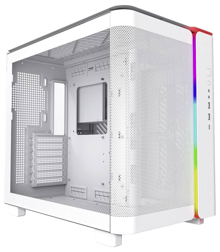 Ein weißes PC-Gehäuse mit durchsichtiger Seitenwand und RGB-Beleuchtung an der Vorderseite, bietet Platz für mehrere Lüfter und Erweiterungskarten.