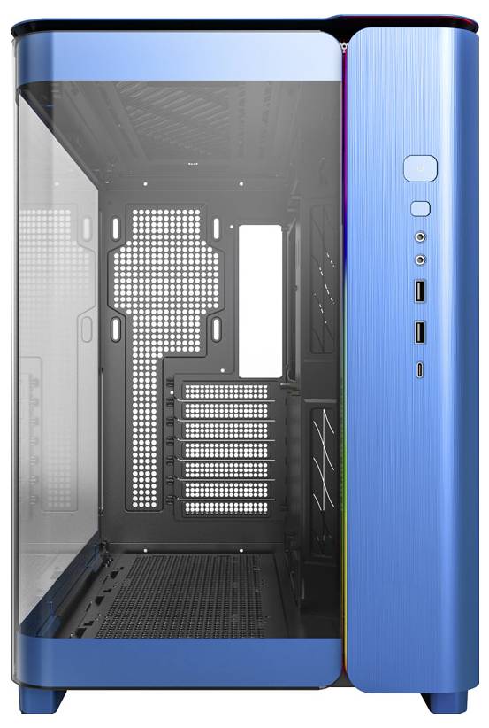 Blaues Computergehäuse mit transparentem Seitenteil, mehreren Erweiterungsslots und Frontanschlüssen für USB und Audio.