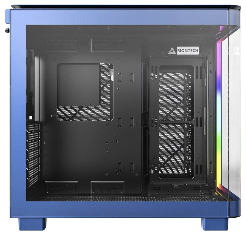 Ein leeres, blaues PC-Gehäuse mit transparentem Seitenfenster, geeignet für Computerhardware-Installation.