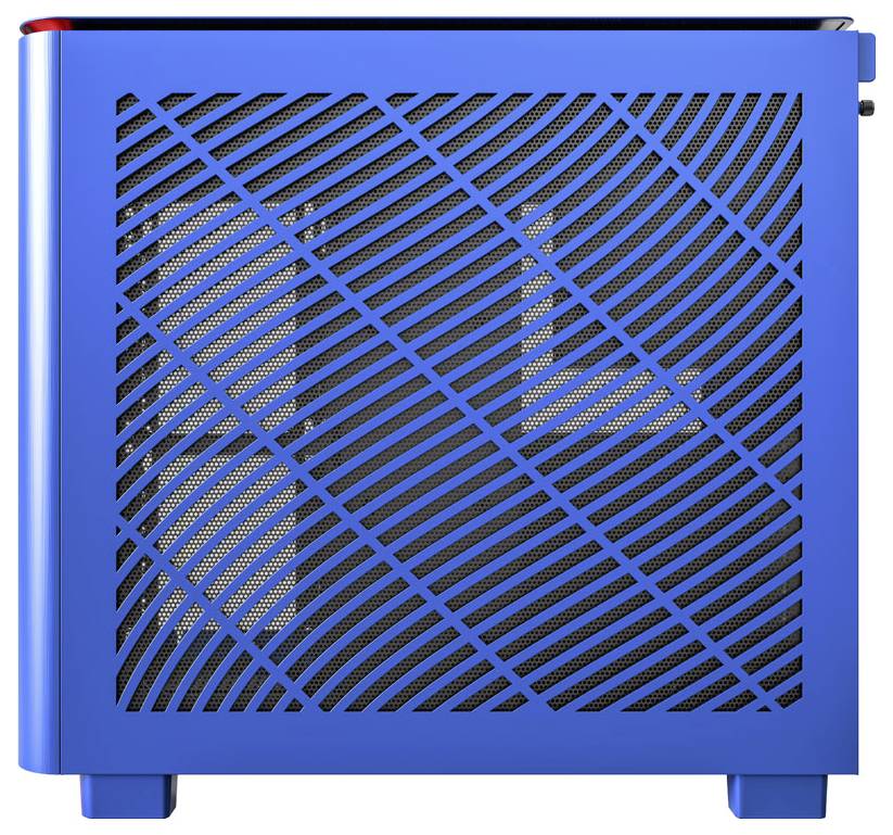 Ein blauer Luftreiniger mit diagonalem Gitterdesign auf der Vorderseite bietet moderne Luftfilterung und passt in zeitgemäße Wohnräume.
