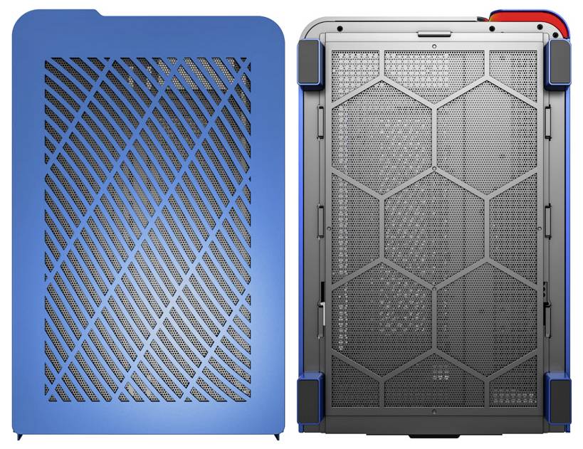 Zwei Computergehäuse, eines blau mit diagonalen Gittern, eines grau mit sechseckigem Mesh. Beide zeigen Belüftungsdesign.