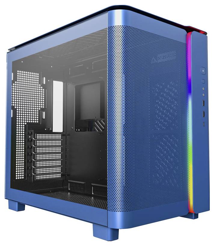 Ein blauer PC-Gehäuse mit durchsichtiger Seitenwand, zeigt das Innere. LED-Leuchten an der Front erzeugen einen Regenbogeneffekt.