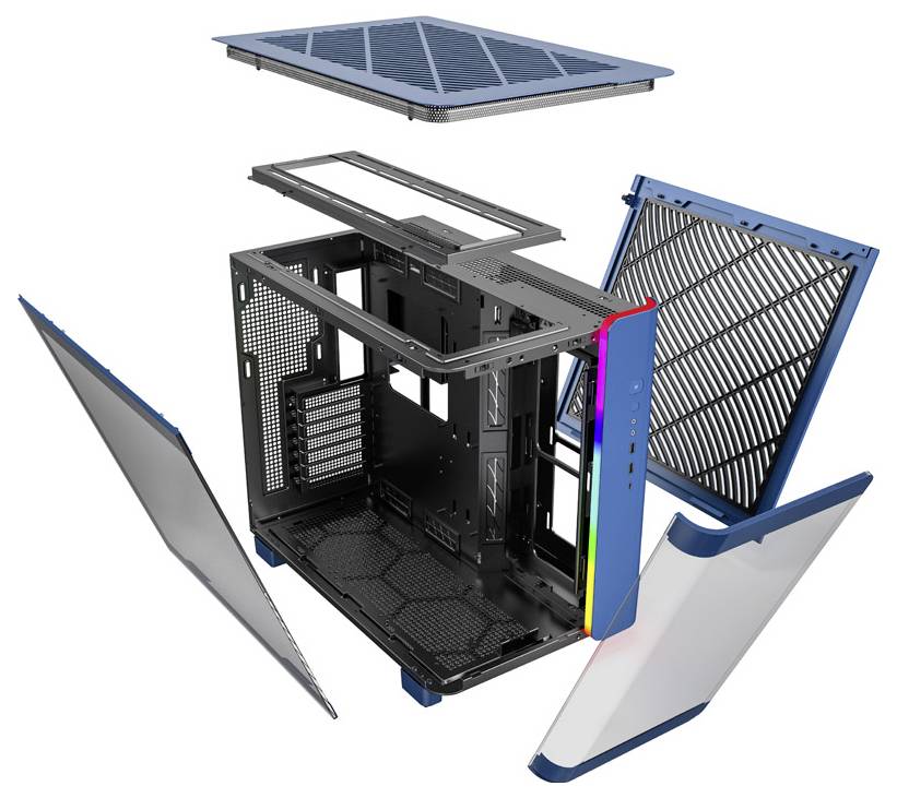 Explodierte Ansicht eines Computergehäuses mit abgenommenen Seitenwänden, Ober- und Unterteil, zeigt interne Struktur und Belüftung.