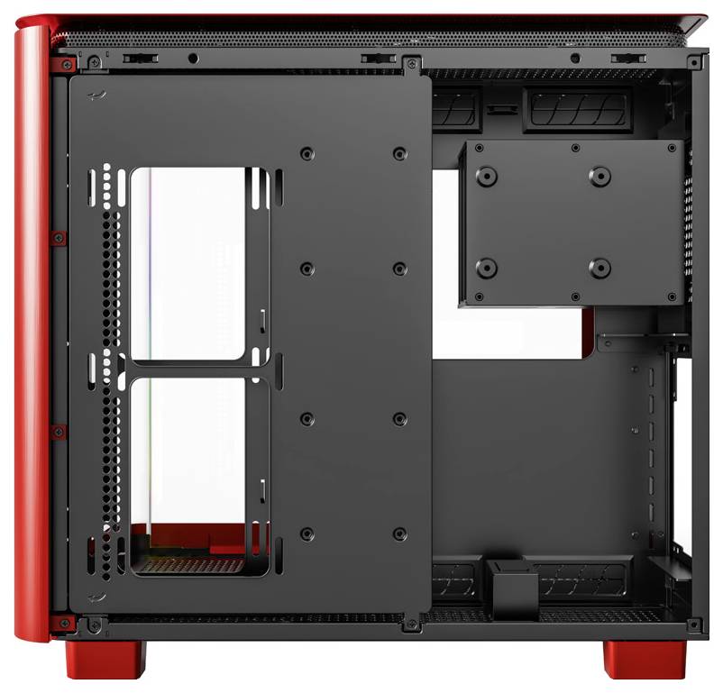 Ein leeres Computergehäuse aus Metall in Rot und Schwarz mit geöffnetem Seitenteil, bereit für den Einbau von Hardwarekomponenten.