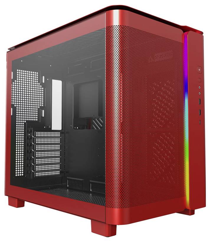 Ein rotes PC-Gehäuse mit seitlicher Glaswand und RGB-Beleuchtung, bereit für den Einbau von Computerkomponenten.